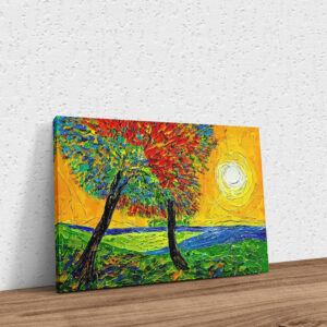 Ölgemälde mit zwei Bäumen und großer Sonne Poster Keilrahmen