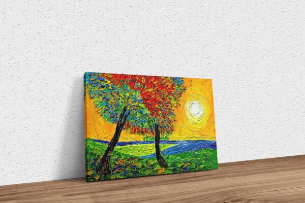 Ölgemälde mit zwei Bäumen und großer Sonne Poster Keilrahmen