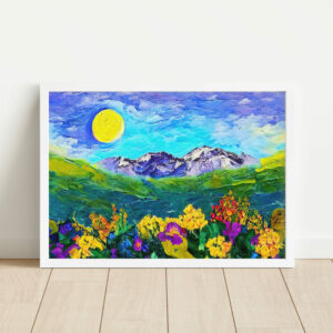 Ölgemälde mit Alpen und blühenden Blumen und Sonne Poster Keilrahmen