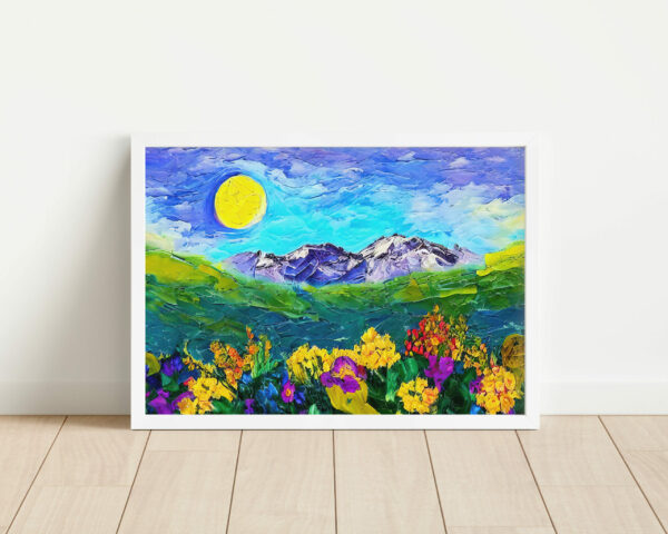 Ölgemälde mit Alpen und blühenden Blumen und Sonne Poster Keilrahmen